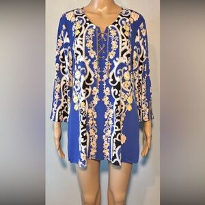 JM Collection Women's Blouse Size M Fleur De Lis Pullover Tunic Chain Strap